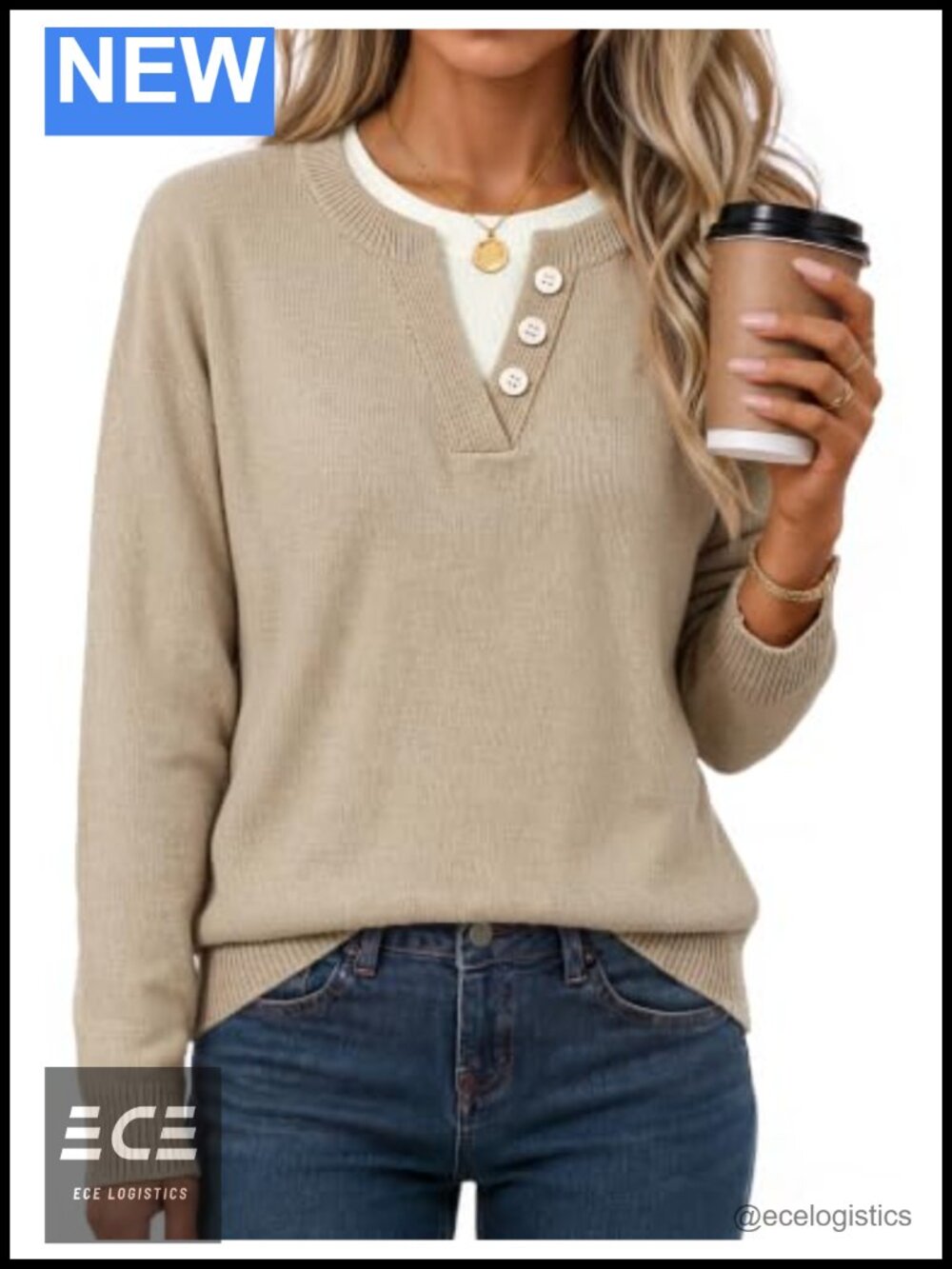 Oversized Henley Pullover Sweater Layered Neck Womens Fall Knit Top
